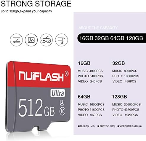 512GB Micro SD Kart, TF Hafıza Kartı, Ücretsiz SD Kart Adaptörü ile 512GB SD Hafıza Kartı Kamera, Telefon, Bilgisayar, Tablet,