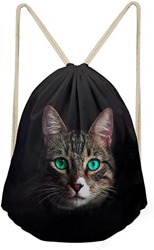Siyah kedi baskı serin hayvan ipli çanta dize sırt çantası spor spor çanta Cinch çuval kadın erkek gençler için