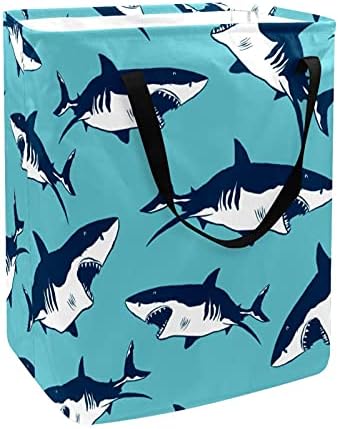 Kapotofu Çamaşır Sepeti Kolu ile, Fierce Köpekbalıkları Deniz Mavi Arka Plan Katlanabilir Büyük Pamuk Depolama Sepeti için Giysi
