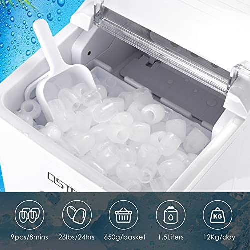 Tezgah Üstü için OSTBA Buz Makinesi Makinesi, 6-8 dakika içinde Hazır 9 Buz Küpü, Günde 26 lbs buz, Ev/RV/Ofis/Bar için Buz Kepçe