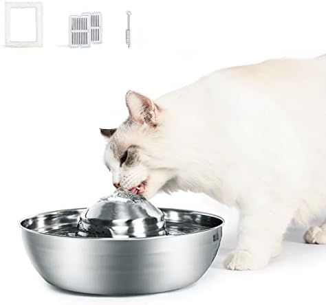 Cnıkpet Kedi su çeşmesi Paslanmaz Çelik, 360° Evcil Çeşme Köpek su sebili, 64 oz/2L Ultra-Sessiz Otomatik Kedi İçme Çeşmeler