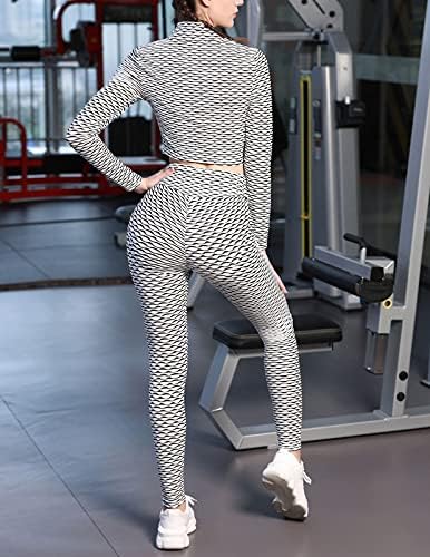 JACK SMITH Kadın Dokulu Egzersiz Setleri Uzun Kollu Fermuar Kırpma Üst Yüksek Bel Ezme Ganimet Legging 2 Parça Kıyafetler S-XXL