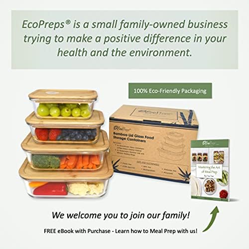 Bambu Kapaklı EcoPreps Cam Gıda Saklama Kapları【4'lü Set】 %100 Plastik İçermeyen, BPA İçermeyen, Çevre Dostu, Öğle Yemeği Kapları