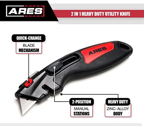 ARES 70340/2 in 1 Ağır Hizmet Tipi Maket Bıçağı / Hızlı Bıçak Değiştirme Tasarımı / Manuel ve Otomatik Geri Çekme / Bıçakla Birlikte