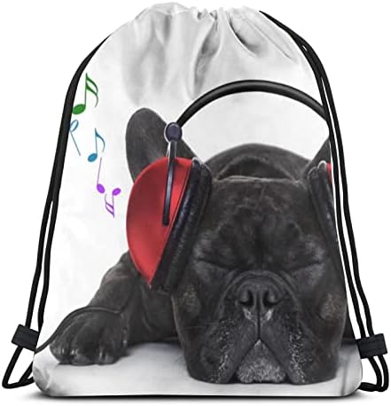 Köpek Sevgilisi, Bulldog dinlerken Müzik Kulaklık Rahatlatıcı Uyku Baskı İpli sırt Çantası Spor Spor Çantaları Su Geçirmez Cinch