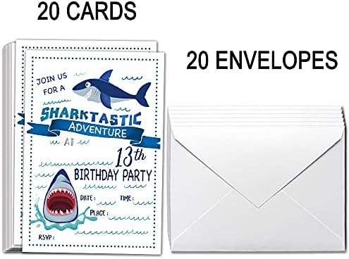 Zarflı 13. Doğum Günü Partisi Davetiyeleri-Köpekbalığı Doğum Günü Partisi Davetiyeleri, Köpekbalığı Partisi Süslemeleri– Zarflı