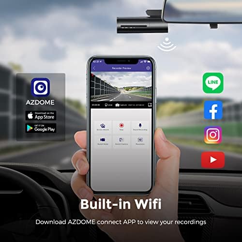 AZDOME Dash Cam for Cars, Dahili WiFi ve Ses Kontrolü Araç içi Kamera, 1080P Mini ön panel kamerası Kaydedici Sony Sensörlü,