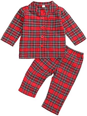 Toddler bebek Noel Pijama setleri Sonbahar Kış Noel Ekose tek göğüslü T-Shirt rahat pantolon Pijama Tops