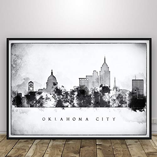 Oklahoma City Baskı, Oklahoma Cityscape Poster, Suluboya Duvar Sanatı, Siyah Beyaz skyline, Çerçevesiz baskı