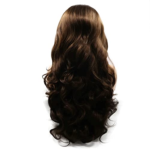 RainaHair Uzun Doğal Kahverengi peruk Vücut dalga dantel ön peruk kıvırcık sentetik saç ısıya dayanıklı 180 % Yoğunluk Moda Yedek