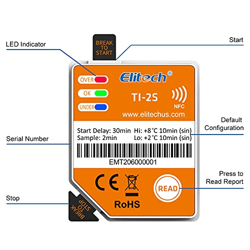 Elitech TI-2S NFC Sıcaklık Veri Kaydedici 3 Yıllık Pil Ömrü Aşı DDL Kaydı Günlük Max/Min Değeri Android/iOS için Tek Kullanımlık