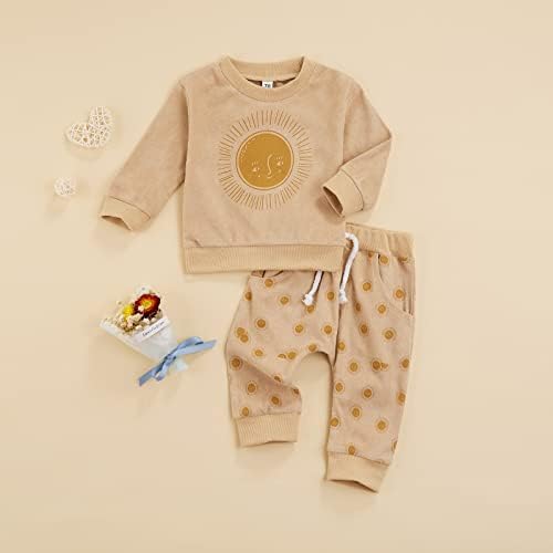 2 Adet Bebek Güneş Baskı Kıyafetler Cepli Uzun Kollu Yuvarlak yaka Kazak + Kravat Pantolon Bebek kadar