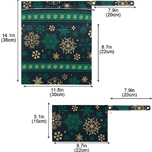 visesunny 2 Adet ıslak çanta Fermuarlı cepler ile Noel Kar Tanesi Yeşil altın Desen Yıkanabilir Kullanımlık Ferah Seyahat için,plaj,havuz,