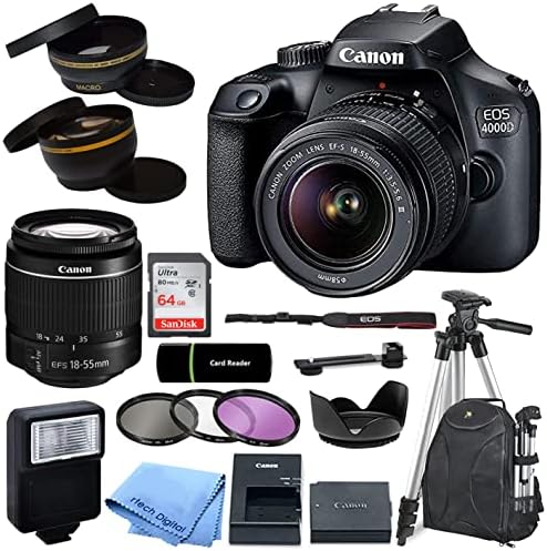 Canon EOS 4000D / Rebel T100 DSLR Kamera ile EF-S 18-55mm zoom objektifi + SanDisk 64 GB Hafıza Kartı + Tripod + Kılıf + Geniş
