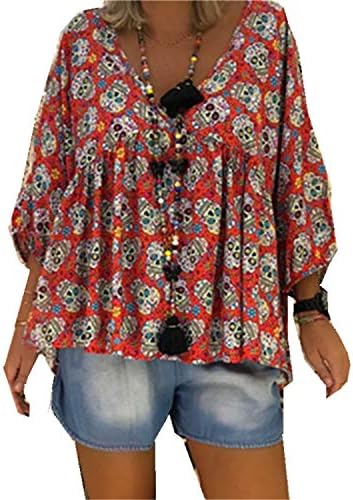 Andongnywell kadın V Boyun Rahat Gevşek Kollu Çiçek Baskı Şifon Bluz Tunik V Boyun Çiçek Baskı Gömlek