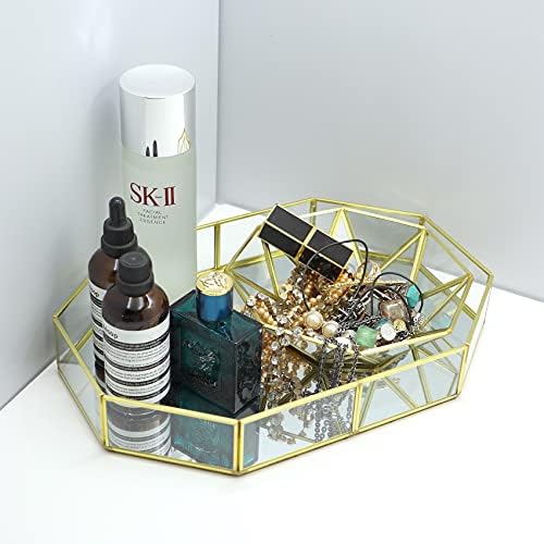 RELAFOX Takı Depolama Tepsisi Altın Süslü Ayna ve Metal Tepsi, parfüm Organizatör için Vanity, Dresser, Banyo, Yatak Odası Dekoratif,