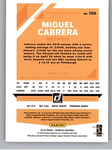 2019 Donruss Holo Pembe Beyzbol 100 Miguel Cabrera Detroit Tigers Resmi MLB Ticaret Kartı Panini