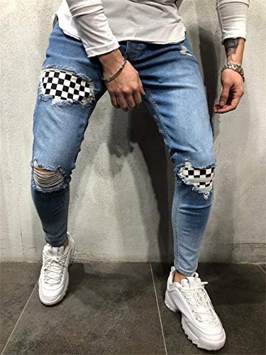 Andongnywell erkek Sıska Moto Biker Jeans Sıkıntılı Ripped Slim Fit Denim Pantolon Pantolon Fermuar Düğmesi ıle