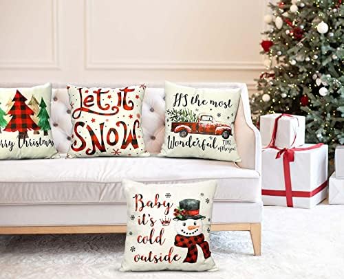 Tohobk Noel Yastık Kapakları 18x18 Set 4 Çiftlik Evi Noel dekoratif kırlent Kapakları Kış Tatil Rustik Keten Yastık Kılıfı için