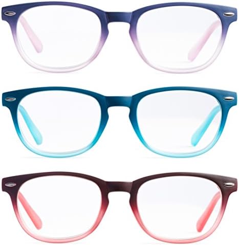 Okuma için Renkli Yuvarlak Bayan Okuma Gözlükleri - 3'lü Set-Mavi, Pembe, Mor, Değer Paketi - Tüm Büyütme Güçleri