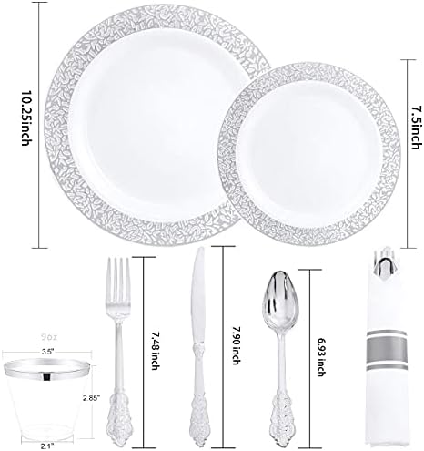 LLSF 210 Adet Gümüş Plastik Yemek Takımı, Tek Kullanımlık Gümüş Tabaklar, Şunları içerir: 30 Yemek Tabağı, 30 Salata Tabağı,