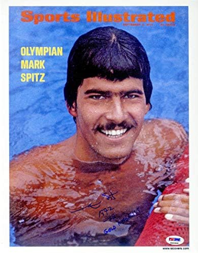 Mark Spitz İMZALI Sports Illustrated Baskı + 7 x Olimpiyat Altın PSA / DNA İMZALI-İmzalı Olimpiyat Dergileri