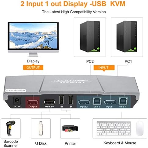 TESmart 2 Port DisplayPort 4K @ 60Hz Ultra HD 2x1 DP KVM Switcher ile 2 Adet 5ft KVM Kabloları ve DP Kabloları Destekler USB