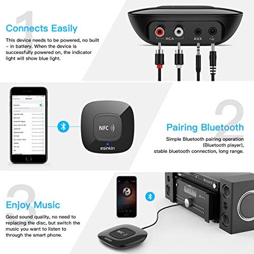 esinkin Bluetooth Alıcısı Kablosuz, NFC Özellikli Ses Adaptörü 4.0 için HD Ev Stereo Müzik Akışı Ses Sistemi için 3.5 mm (AUX