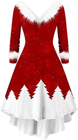 TİMİFİS kadın Noel Elbiseler Uzun Kollu V Boyun Kürklü Elbiseler Moda Baskılı Sıcak Akşam Parti Kokteyl Elbiseleri