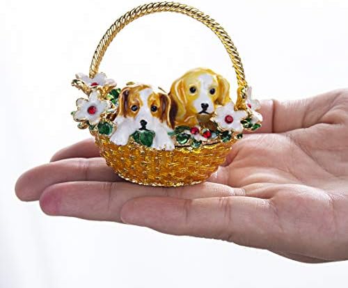 Köpek Çiçek Sepeti Biblo Kutuları Menteşeli Rhinestones Mücevherli Boyalı Emaye Koleksiyon Köpek Hayvan Heykelcik Takı Tutucu