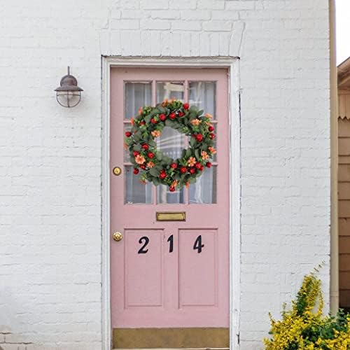 Noel Çelenk Yeşil Yaprakları ve Kırmızı Meyve ile Yapay Noel Çelenk Noel Ön Kapı Pencere Tatil Dekor için Ön Kapı Çelenk-Turuncu