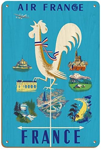 Fransa-Galya Horozu Weathervane ve Fransız Simgesel Yapıları-Jean Marie Nabrin'in Vintage Havayolu Seyahat Posteri c. 1951-Premium