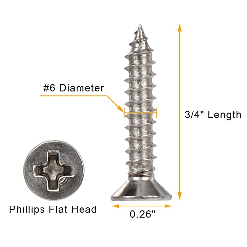 6x3 / 4 Paslanmaz Çelik 304 (18-8) Düz Kafa Phillips Ahşap Vidalar 100 adet Katı Paslanmaz Kendinden Dokunarak Vidalar