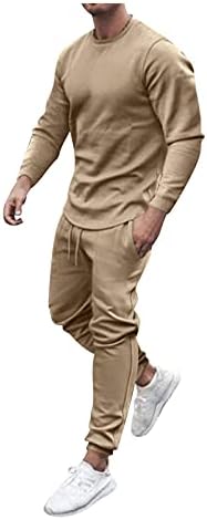 UVAJ Sonbahar Adam Yuvarlak Boyun Düz Renk Spor Slim Fit Casual Suit erkek Uzun Kollu Üst ve İpli Pantolon 2 Parça Set