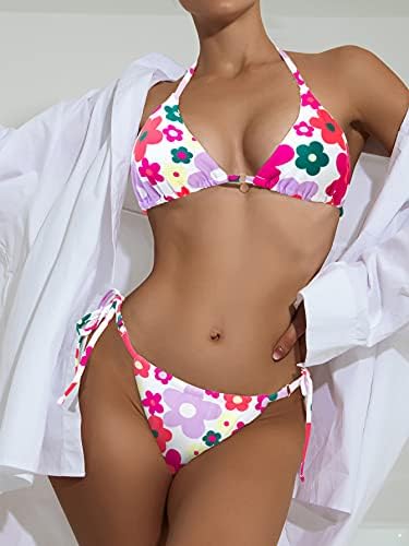 Romwe kadın Allover Çiçek Baskı Dize Üçgen Halter 2 Parça Bikini Mayo Beachwear