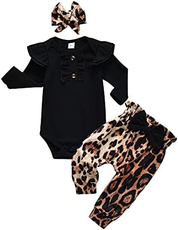 Yenidoğan Bebek Kız Giysileri Bebek Fırfır Uzun Kollu Romper + Leopar Pantolon + Kafa Bandı 3 ADET Kıyafet Seti