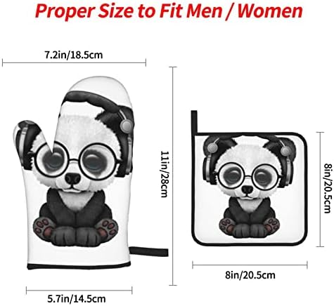 Sevimli Panda Giyen Gözlük ve Kulaklık fırın eldiveni ve Pot Sahipleri Setfor, ısıya dayanıklı Su geçirmez Kaymaz mutfak Eldiven