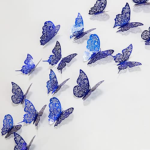 3D Kraliyet Mavi Kobalt Kelebek duvar çıkartmaları Çıkarılabilir Duvar Kelebekler Kesme Çıkartması sanat dekoru Kalp Gül tema
