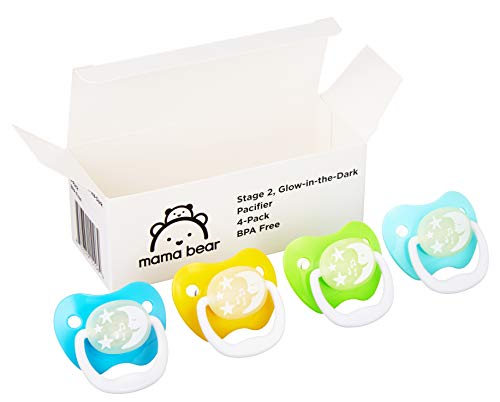 Marka-Mama Bear Karanlıkta Parlayan Bebek Emziği, Aşama 2 (6-12M), BPA İçermez, Çeşitli Renkler (4'lü Paket)