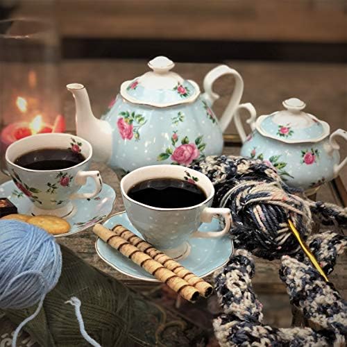 BTaT-Çiçekli Çay Seti, Çay fincanları (8oz), Çaydanlık (38oz), Krema ve Şeker Seti, Hediye kutusu, Çin Çay Seti, Kadınlar için