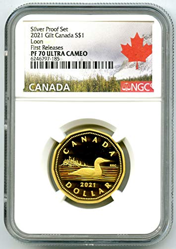 2021 Kanada Gümüş Kanıtı Loonie Doları .9999 İnce Yaldızlı Altın Loon İLK UCAM $1 PF70 NGC'Yİ piyasaya sürdü