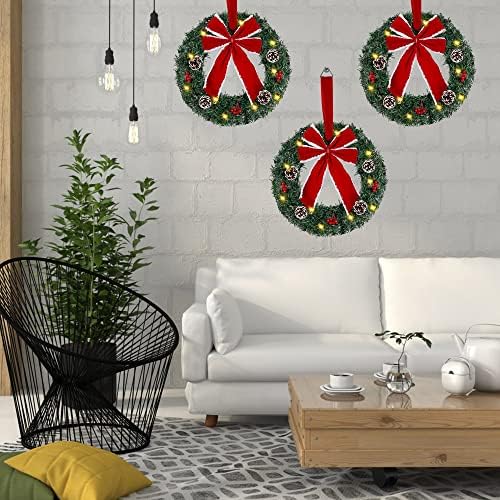 Hausse 3 Noel Çelenk Seti, Büyük Kırmızı Yay ve Süslemeli Işıklı Yapay Noel Çelengi, LED ışıkları ile Pille Çalışan, Ön Kapı