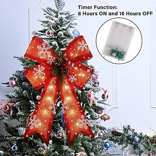 Adroiteet Noel ağacı Topper, zamanlayıcı Fonksiyonu ile LED ışıkları yay, dekoratif yaylar için kar tanesi ve çam kozalağı ile