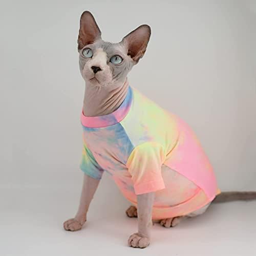 Tüysüz Kedi Gökkuşağı Renkli T-Shirt Nefes yazlık t-Shirt Pet Giysi Kedi Giyim Yelek Gömlek için Sphynx, Cornish Rex, Devon Rex,