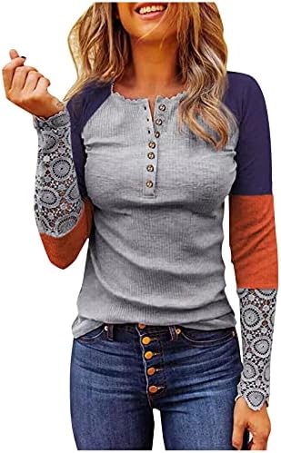 Kadın Uzun Kollu Tops Dantel V Boyun Düğme Aşağı Henley Gömlek Bluzlar Nervürlü Örgü Üst Leopar Renk Blok Gömlek Bluzlar