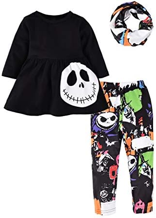 Toddler Bebek Kız Cadılar Bayramı Kıyafet 3 ADET Kafatası Tunik Elbise + Tayt + Infinity Eşarp Giysi Set