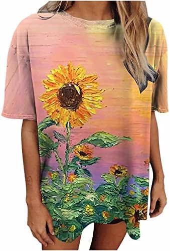 Kadın Yuvarlak Boyun Kısa Kollu Üstleri Çiçek Baskı T Shirt Boy Damla Omuz Longline T Shirt Batik Tee Tops