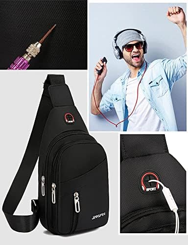 Yerchıc Küçük Rahat Sırt Çantası asma sırt çantası Crossbody Göğüs Çanta Seyahat Açık Spor için Kulaklık Deliği ile (Siyah)