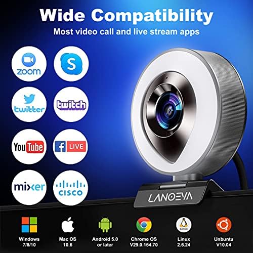 halka Işıklı ve Mikrofonlu 1080p Web Kamerası-Ayarlanabilir Işıklı LANOEVA Full HD Buharlı Web Kamerası, Konferans/Akış/Oyun/Arama,