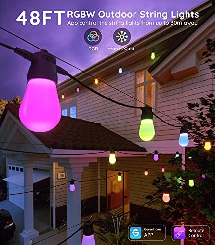 Govee Bluetooth 48ft RGBW açık dize ışıkları, veranda ışıkları App kontrolü, IP65 su geçirmez renk değiştirme ışıkları 15 LED
